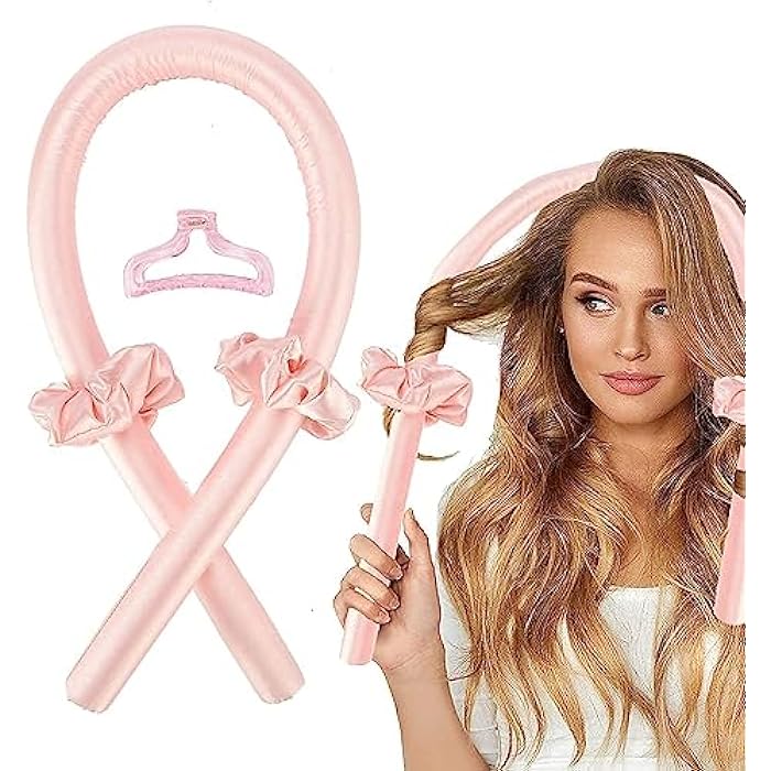 Premify Pink Heatless Hair Curlers for Medium & Long Hair - Hair Curler, Heat Silk Curls Headband, Scrunchies and Hair Clip - Curling Rod, Hair Roller Ribbon for DIY, Hair Styling Tools Heatless - Image 1